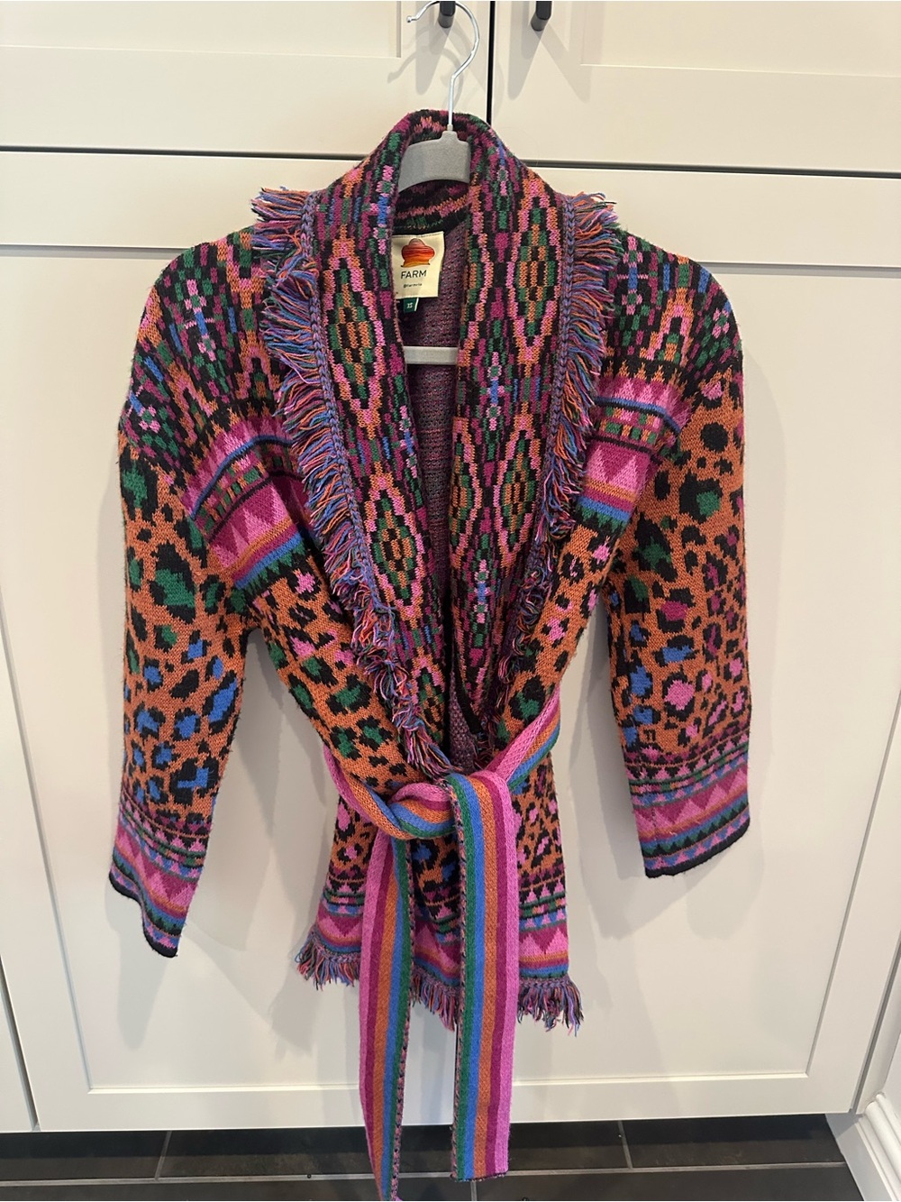 FARM Rio Multicolor Fringe Knit Cardigan - Pink, Brown, Green & Blue